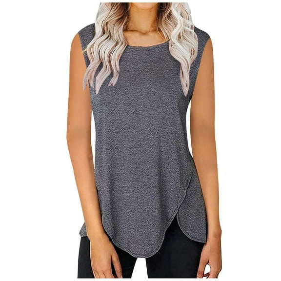 Ichuanyi Womens Tops Clearance Summer Women's Fashion Casual Solid Vest Round-Neck Loose Sleeveless T-shirt Pullover Tops