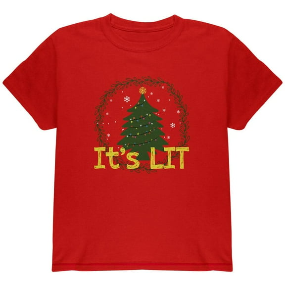 Christmas Tree It's Lit Youth T Shirt Red YSM