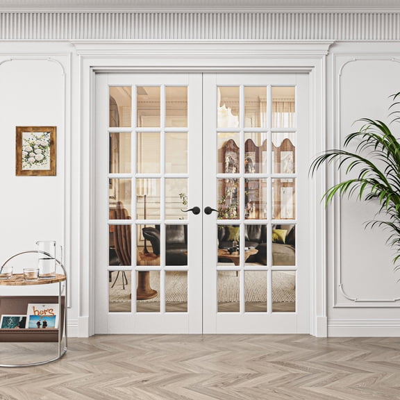 72" x 80" (2 Sets of 36") 15-Lite Clear Glass French Doors Interior White Primed Solid Core Pantry Door With Jamb / Handles