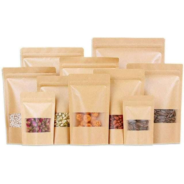 HSHDLDF 100 Pcs Sacs en Papier Kraft avec Fenêtre, Pochettes Autoportantes, Sacs, Sacs de Rangement pour Aliments à Fermeture Éclair pour Emballer des Produits, Réutilisables, Refermables (Brun, 7.9x11.8 Pouces)