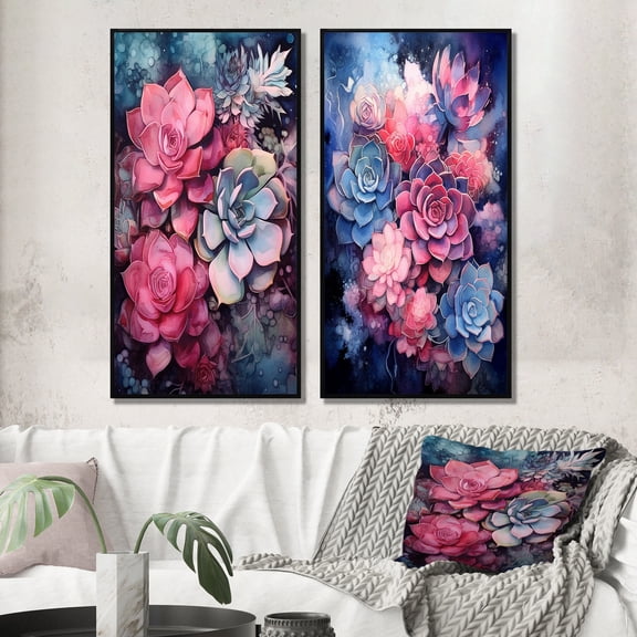 Designart "Pink Teal Succulent Resilience Vibrant Texture" Floral Framed Wall Art Set Of 2 - Pink Floral Gallery Wall Frame Set For Home Decor