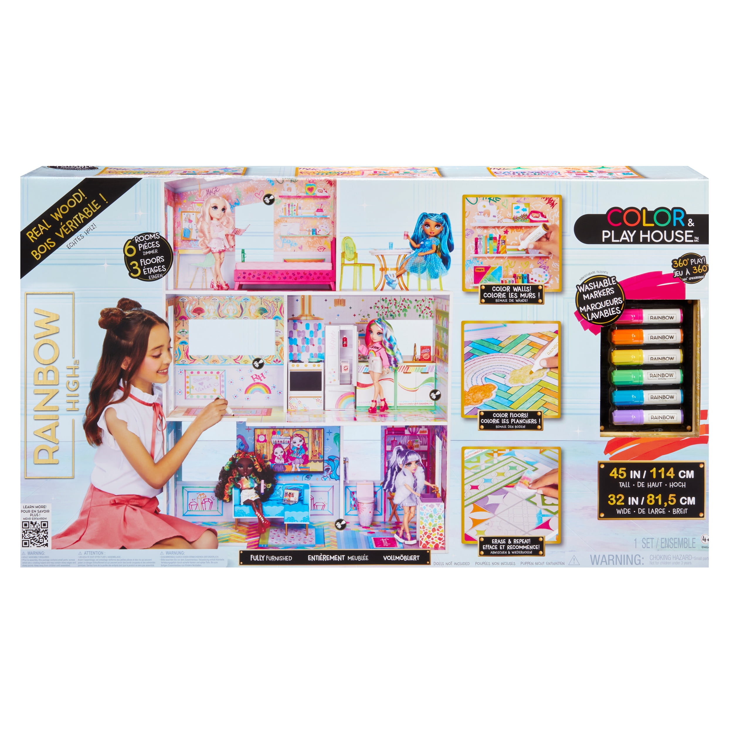 Rainbow High Color & Play 3-Story Doll House, Design All Walls & Floors with Washable Markers, Furniture