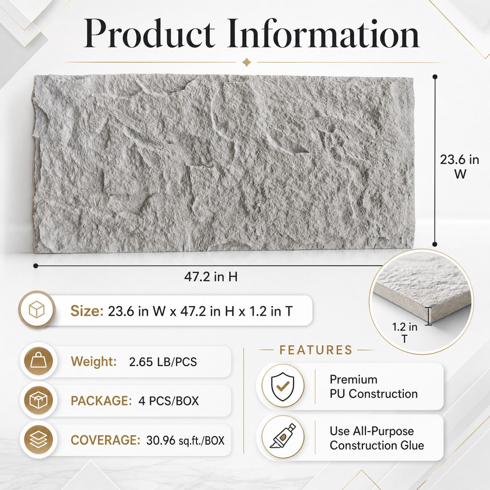 Plank & Hue 4Pcs 48"x24" 3D Faux Stone Wall Panels, Imitation Stone Wall Décor Wainscot Panel Board for Interior Accent Walls, Stone Gray