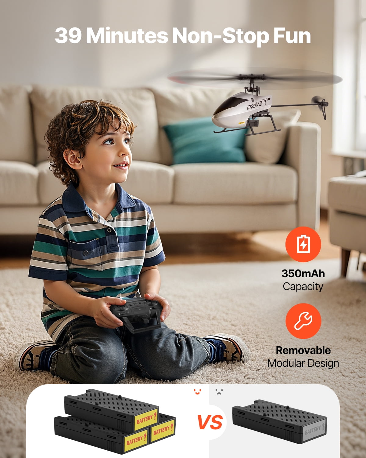 VEVOR RC Helicopter, 2.4GHz Single Propeller Remote Control Helicopter with Gyro, 4-Channel RC Airplane for Beginner, 39 Min Flight Time, One-Key Takeoff/Landing, Toys for Kids Ages 8 and up