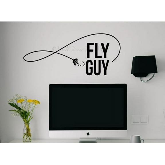 Boys Room Decor Fly Guy Fishing Wall Stickers Fisherman Vinyl Art Decals 36x15-Inch Black