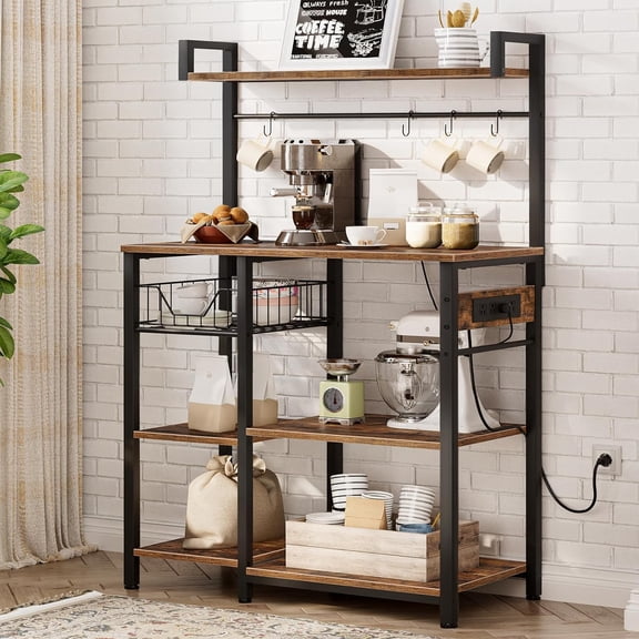 Bakers Rack with Power Outlet, 35.4 Inches Coffee Bar with Mesh Basket, Microwave Stand with 4 S-Shaped Hooks, Kitchen Storage Shelf, Easy to Assemble, Rustic Brown BF05HB01