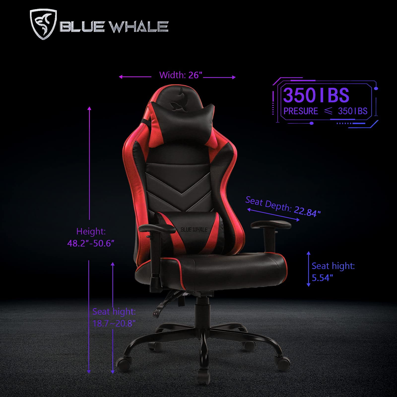 Blue Whale Heavy Duty Gaming Chair for Adults and 350LBS Reinforced  Base,Thickened Seat Cushion, Adjustable Armrest, Big and Tall Ergonomic  Office Computer Chair with Massage,Black 