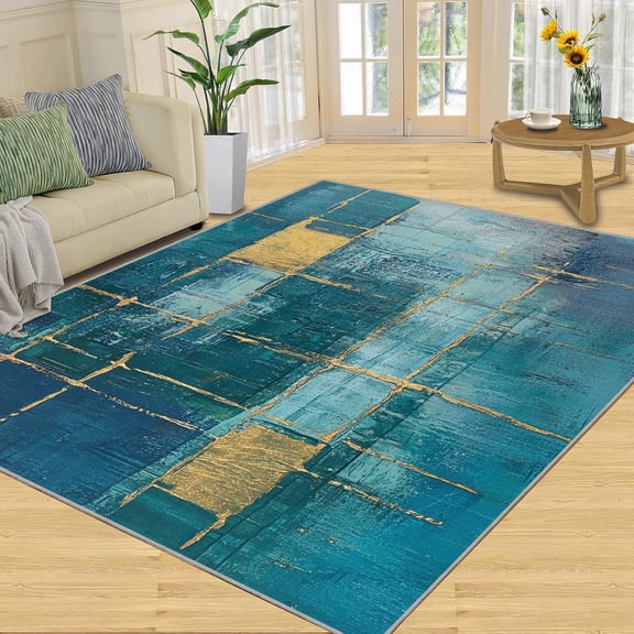 Abstract Rug ,Gradient Distressed Teal Area Rugs for Bedroom Living Room, Boho Modern Geometric Art Machine Washable Non-Slip Soft Carpets, Abstract Room Decor-5' x 6'