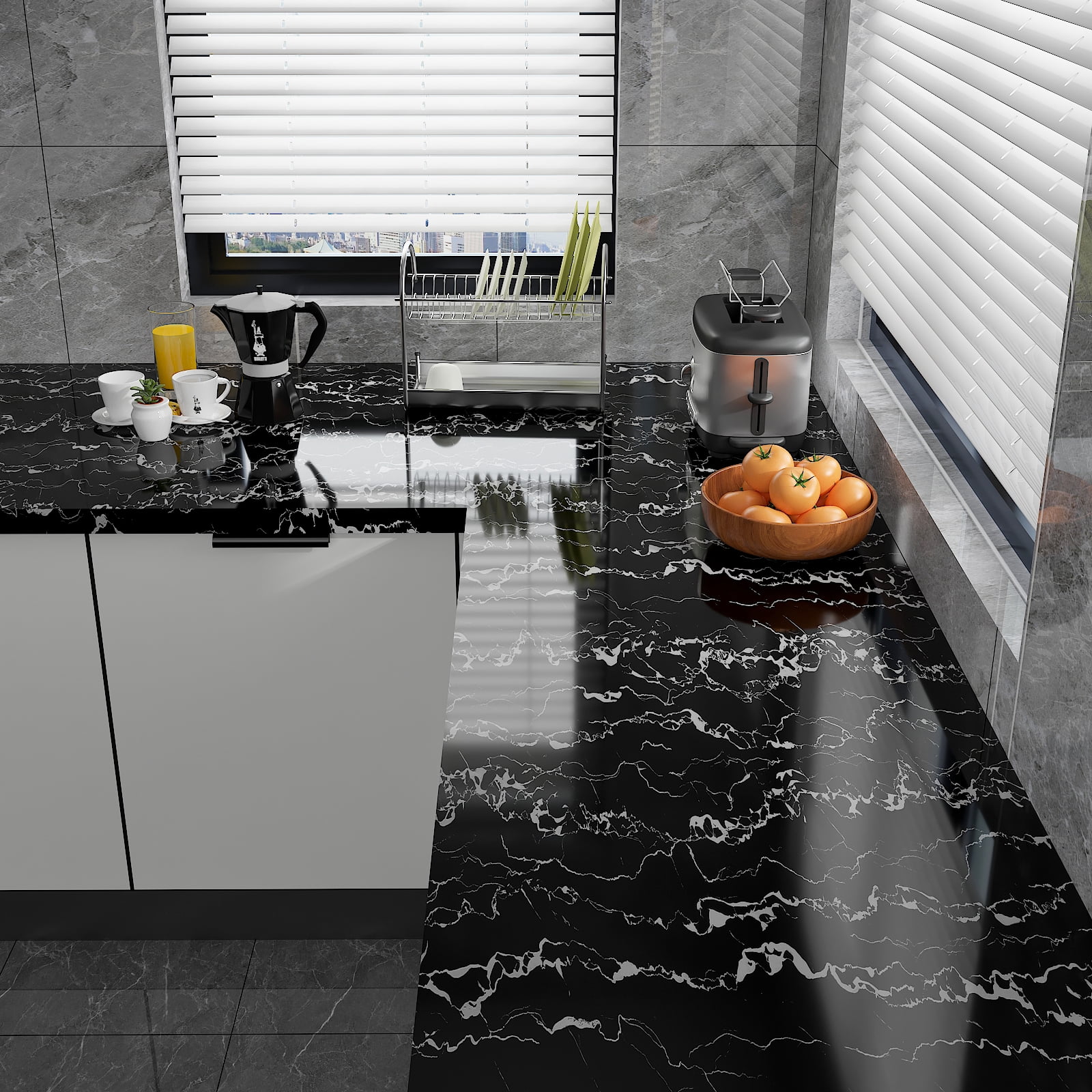 CHIHUT Glossy Black Marble Contact Paper for Countertops Waterproof 17.7"x100" Marble Peel and Stick Wallpaper for Bedroom Vinyl Self Adhesive Removable Wallpaper for Kitchen Cabinets Walls Shelf