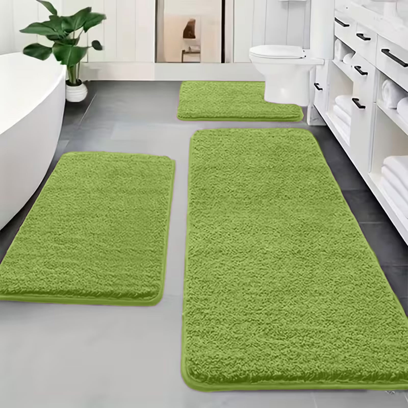 3-Piece Bathroom Rug Set, Soft Plush Fleece and Memory Foam Bath Mat, Non-Slip Absorbent Floor Mat for Bathroom, Bedroom, or Laundry Room in Green