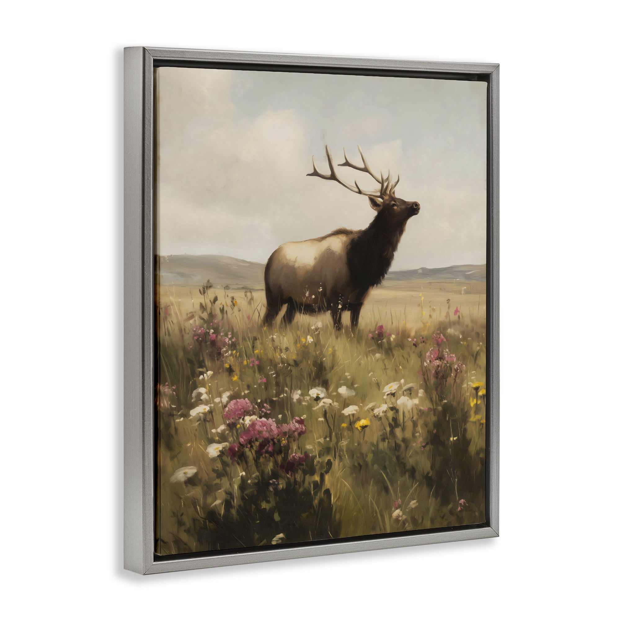 Stupell Industries Elk in the Wildflower Meadow Gray Framed Floater Canvas Wall Art, design by Arlington Prints