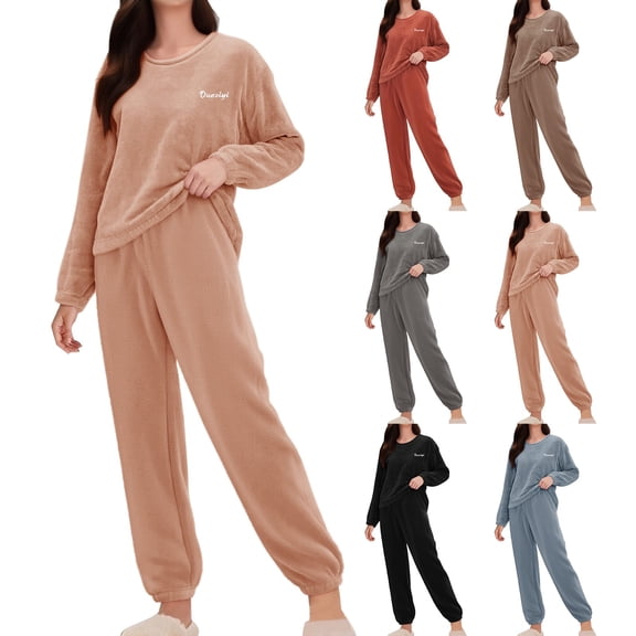 Hkoxplj Womens Thickened Coral Fleece Pajama Set Long Sleeve Top and Pants Warm Soft Cozy Loungewear Winter Sleepwear Not Bulky Anti Pilling Solid Color Plus Size Available for Cold Nights