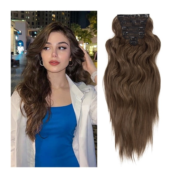 Clip in Synthetic Hair Extensions Long Wavy 6PCS Thick Hairpieces Natural Wavy Brown Hair Piece Double Weft Natural Hair Extensions 22Inch for Women