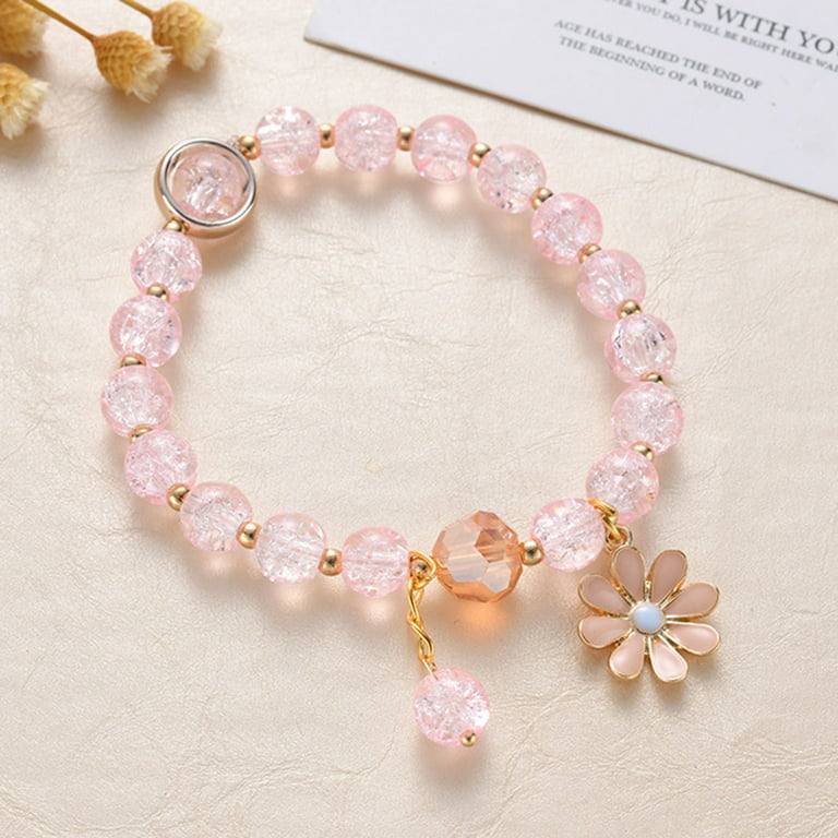 Anvazise Girl Marguerite Glass Flower Dangle Beads Bangle Bracelet Jewelry  Accessory for Valentine Day Pink 