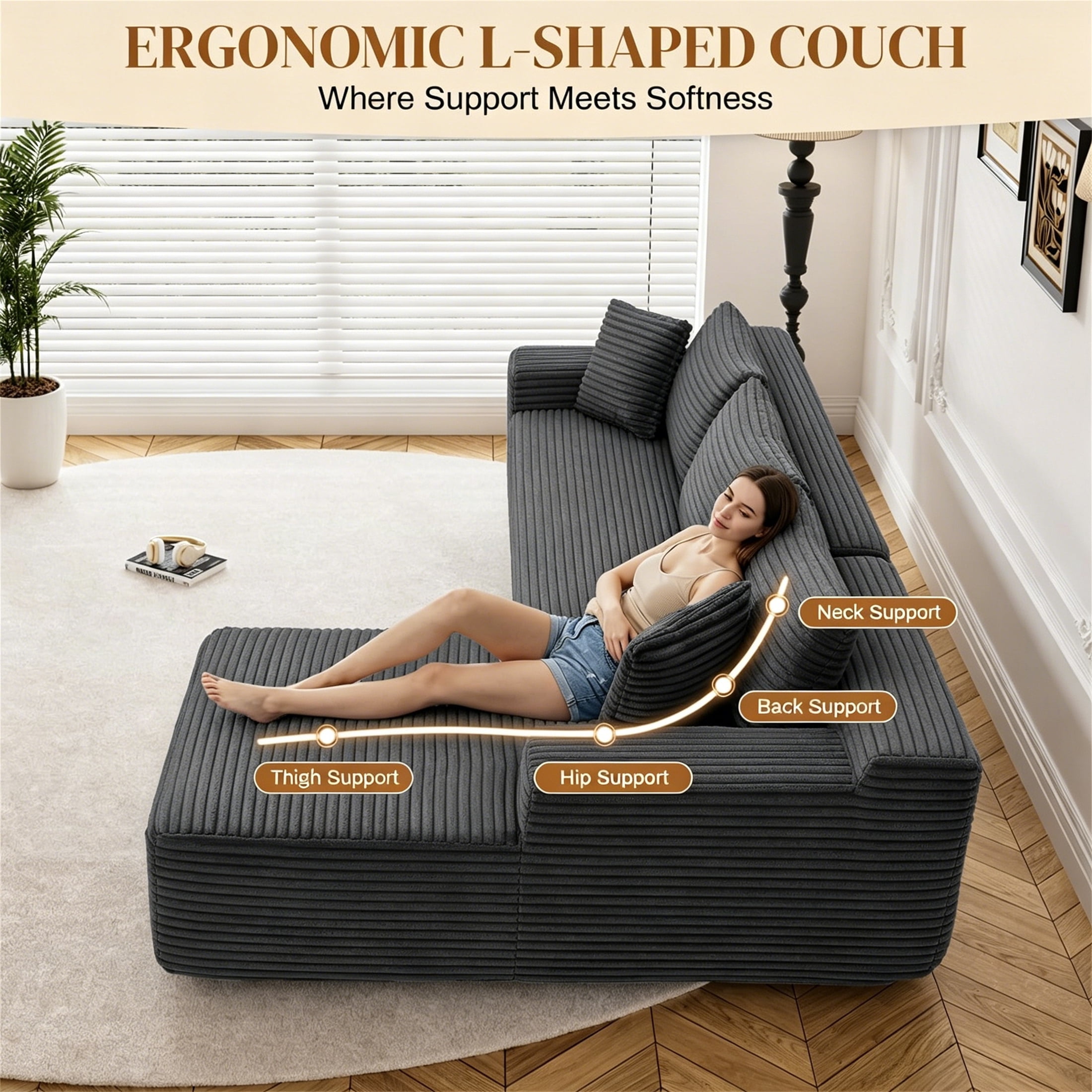 Aukfa 95" Cloud Sectional Sofa Deep Seat Boneless Couch Modular L-Shaped Couch, Right Chaise Corduroy Sofa for Living Room, Dark Gray