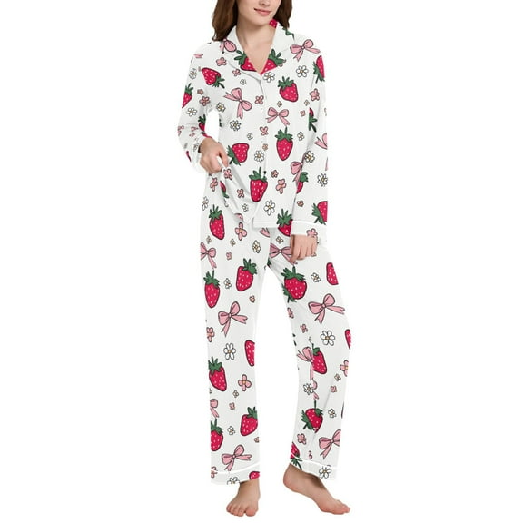 joogoo Pajamas Set for Women Strawberry Bows Floral Long Sleeve Pjs Loungewear L