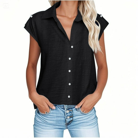 CheerKidz Women's Button Down Short Sleeve Collared Shirt Solid Color Summer Blouse Solar Protection Lightweight Work Casual Tops(Black,XL)