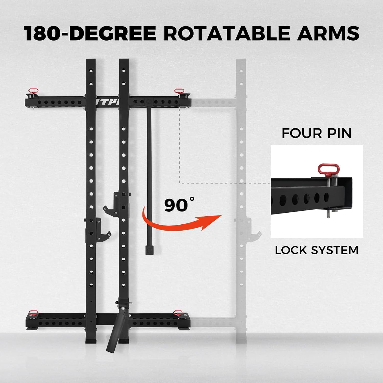 RitFit Multi-Functional Folding Squat Rack for Home Gym, 2.36'' x 2.36'' Wall Mounted Squat Power Rack with Safety Bar & Attachments - Space Saving, Black