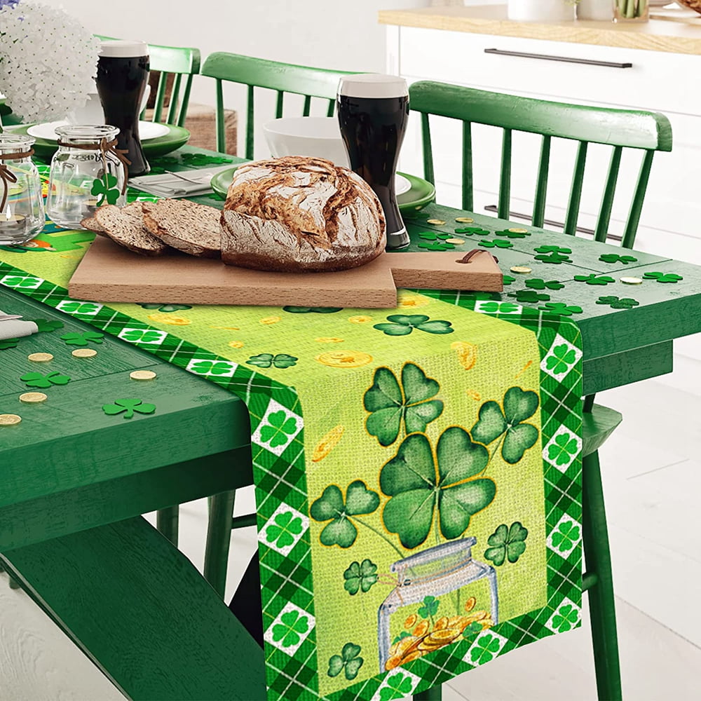 St Patrick's Day Table Runner - 13x72 Inch Shamrock Buffalo Plaid Burlap Kitchen Decor