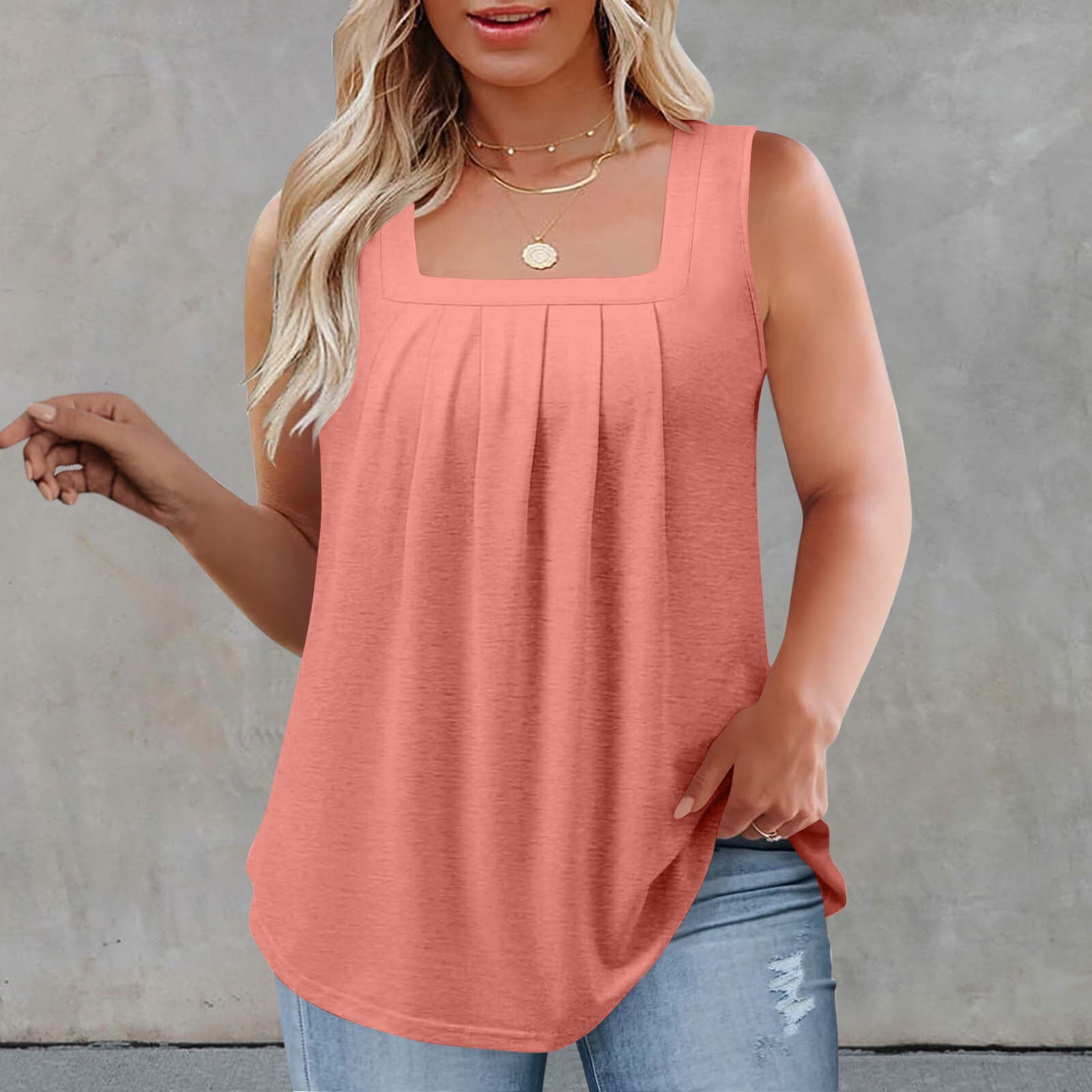 Women's Plus Size Pleated Square Neck Tank Top - Loose Fit, Ruffled, Sleeveless Summer Blouse In Pink
