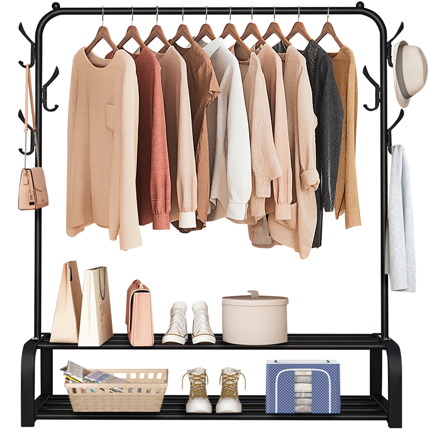 TSJUN Home Single Rail Clothing Garment Rack for Hanging Clothes With 2 ...