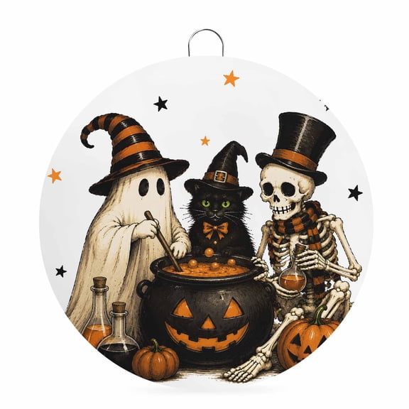 Welcome Sign for Front Door, Halloween Round Metal Wall Art Wreaths, Funny Ghost Black Cat Skull Pumpkins Outdoor Indoor Wall Hanging Sign for Porch Decor Housewarming Gifts 5.9 Inch