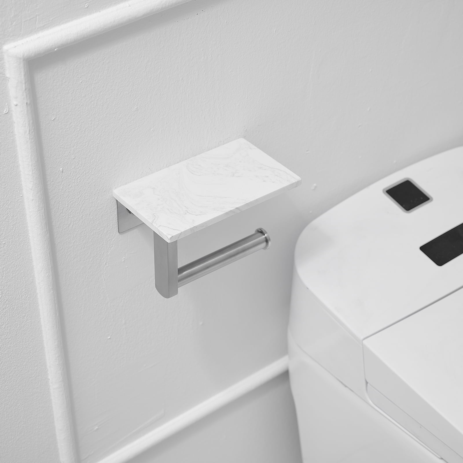 Wall Mount Toilet Paper Holder With Natural Marble Shelf Tissue Storage Holder In Brushed Nickel