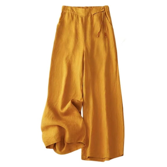 Fiaer,Oversized Palazzo Pants for Women,Womens Side Buttons Elastic Waist Trousers,Women's Loose Fit Casual Solid Color Slacks with 2 Pockets Yellow XL