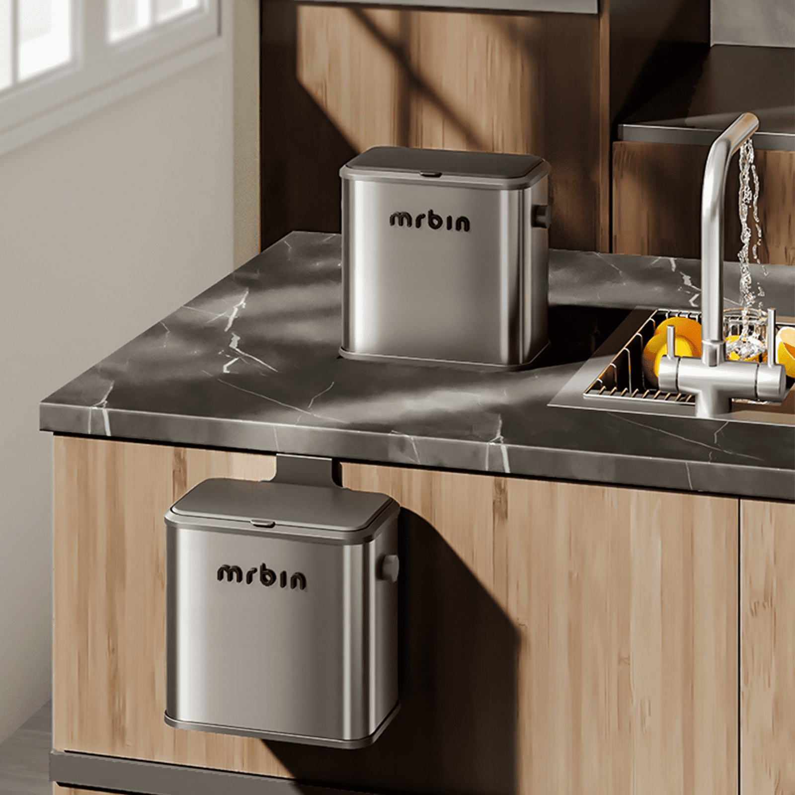 Mrbin Stainless Steel Compost Bin Hanging Trash Can for Kitchen Cabinet Door, 1.5gal / 6L Indoor Recycle Basket Countertop Food Waste Bin Under Sink with Inner Bucket Recycle Bin