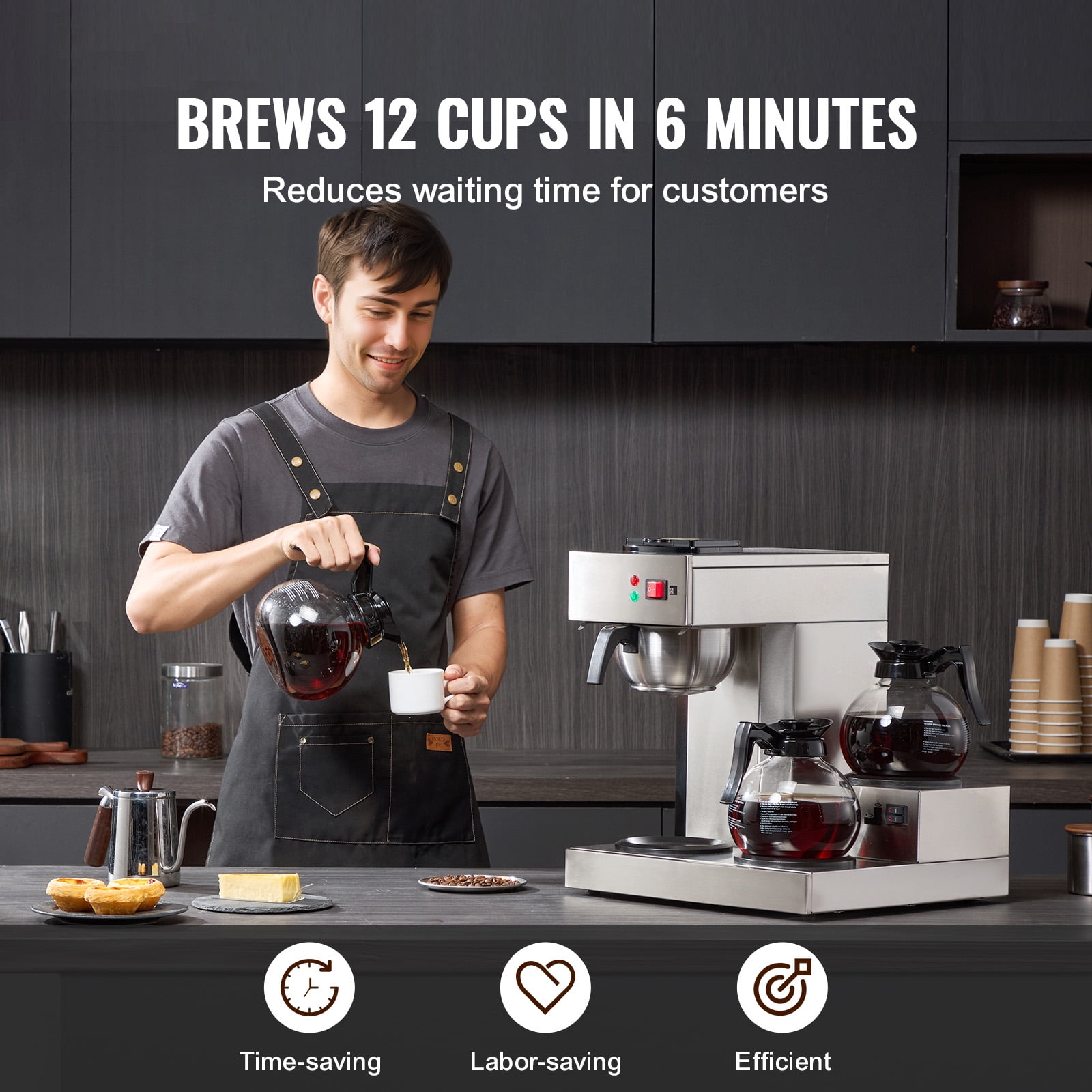 KFFKFF 12-Cup Industrial Coffee Brewer, Coffee Brewing Device with Trio of Glass Jugs and Warming Trays, Stainless Steel Manual Water Input Coffee Maker, Ideal for Cafes, Offices, and Eateries