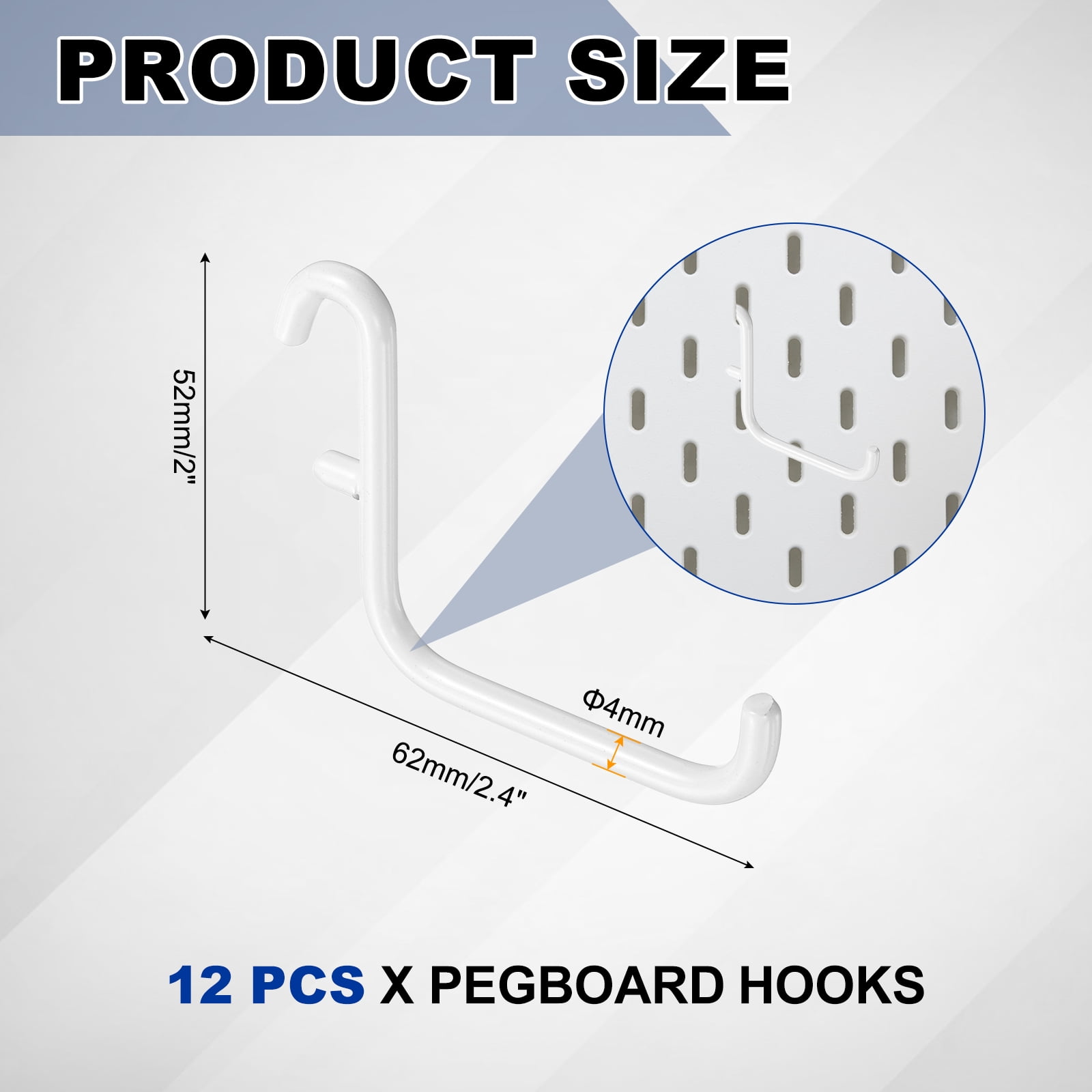 Uxcell 12Pcs Pegboard Hooks, 2.4 x 2 in Metal Peg Board Hooks for Hanging Fit 5x16mm, White