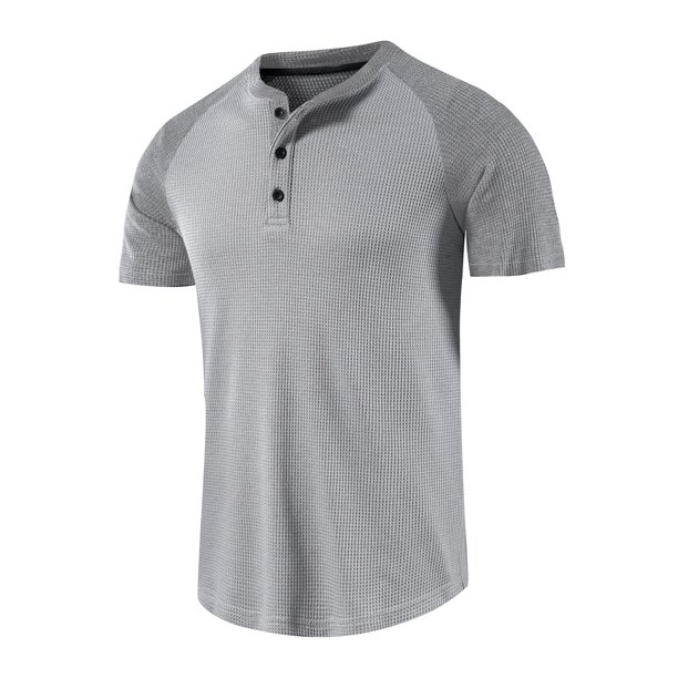 Playera Elvqul Hombre Manga Corta Gris de Color Sólido Abotonada Playa Cuello Mao Algodón