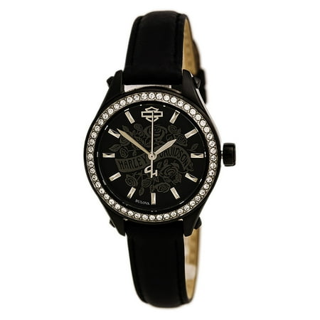 Harley Davidson 78L119 Women's Bulova Flower Power Black Dial Black Leather Strap Crystal Watch