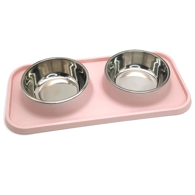 La comida de perro doble rueda los cuencos de la comida y del agua del acero inoxidable con la estera plástica del no derrame