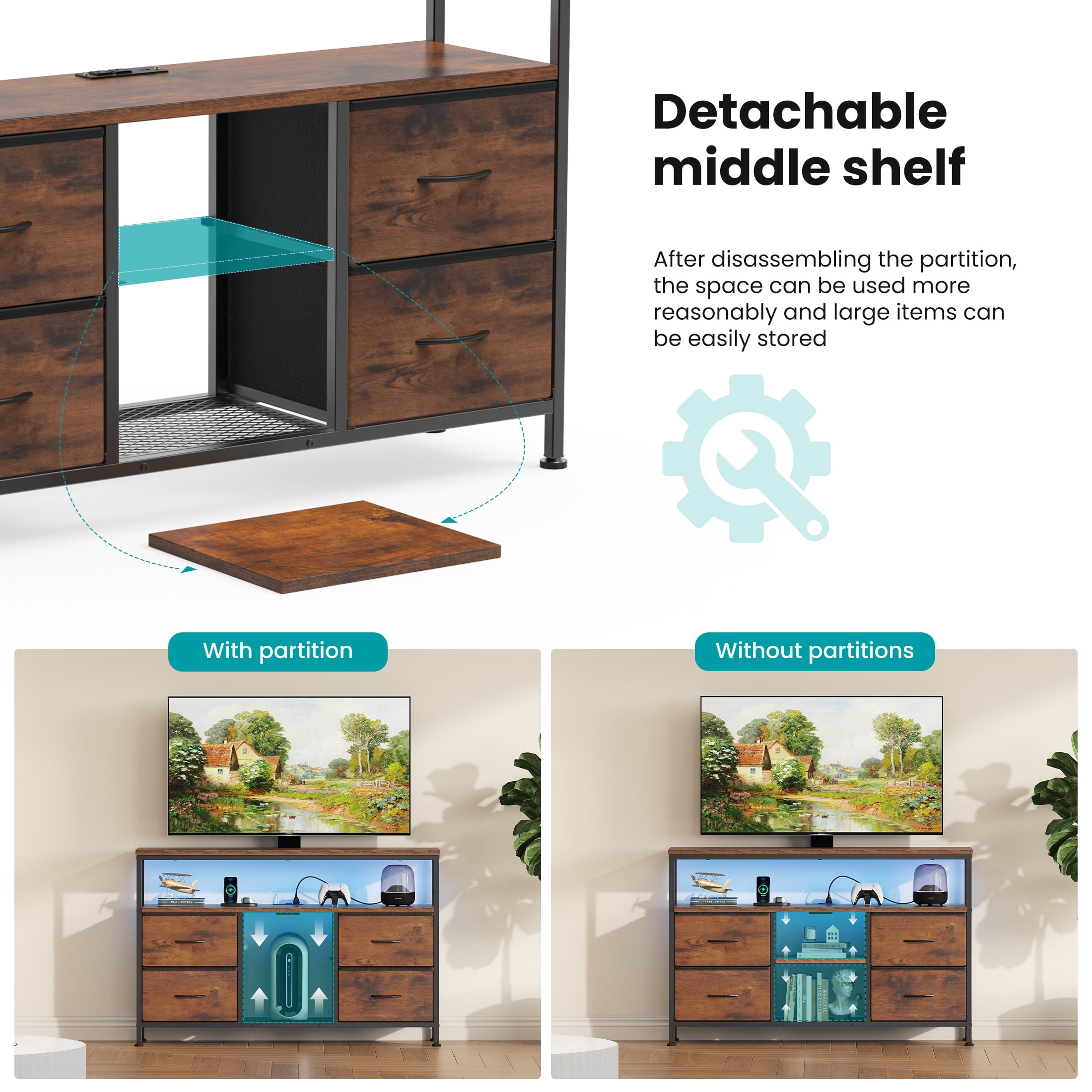 EDX TV Stand with Power Outlets and LED Light for 43-inch TV, Double-layer 4 Fabric Drawers for Living Room/Bedroom, Rust