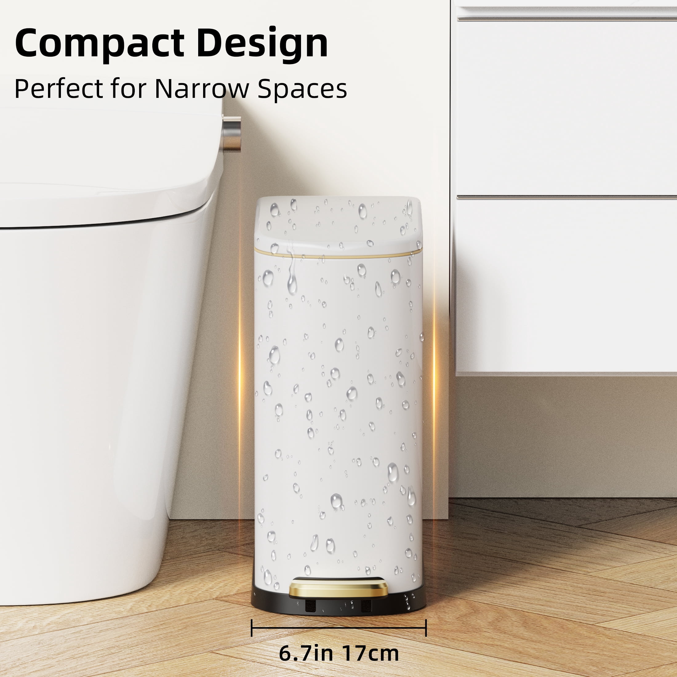 KSSKSS 2.6 Gallon/10L Slim Stainless Steel Bathroom Trash Can with Soft Close Lid, for Narrow Spaces,Bathroom, Bedroom (White)