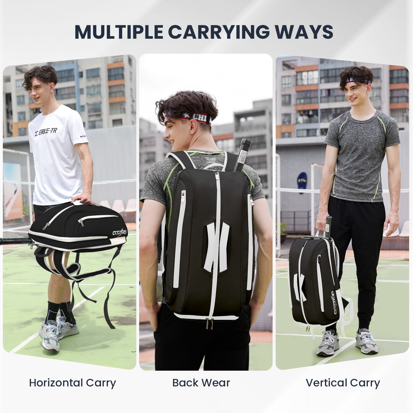 CCGTIOR Multi-Use Beach Tennis Bag For Sport Convertible Padel Backpack - Laptop Sleeve, Ball Sleeve, Fence Hook, Easy Access,Shoe Compartment (Black-White)
