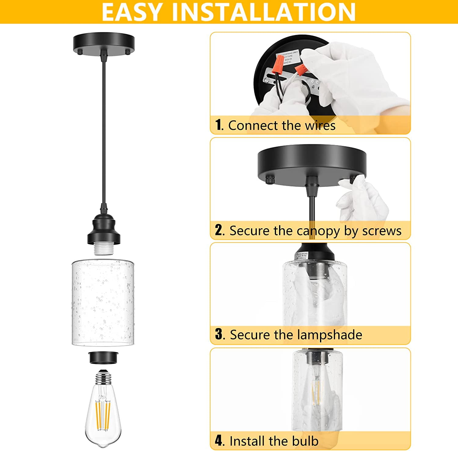 Pendant Lighting 3-Pack Ceiling Lights Hanging Cord Lamp Black Pendant Lights Fixtures for Kitchen Island Dining Room with Glass Shade, Without Bulbs