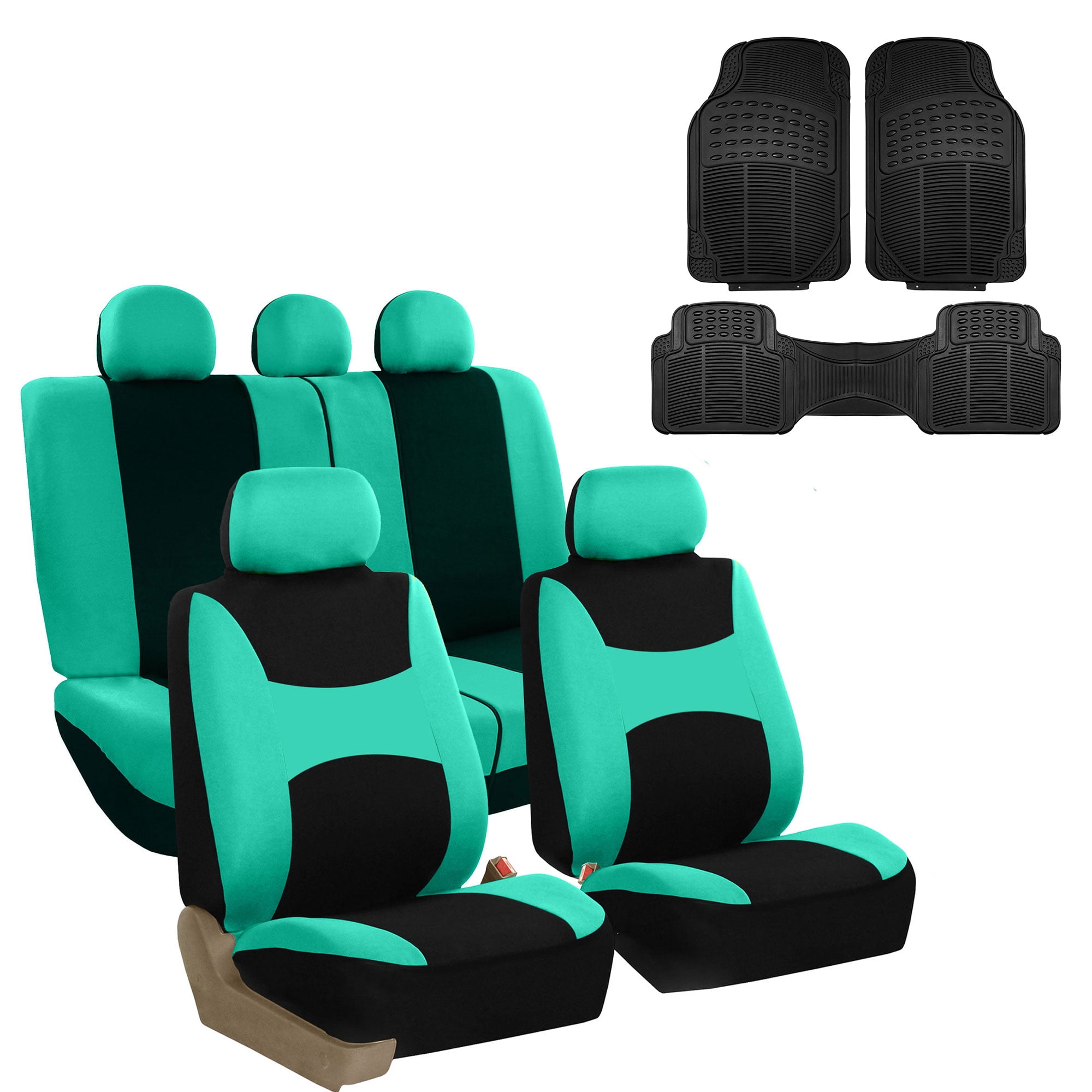 FH Group Car Seat Covers Flat Cloth, Full Set w/ Trimmable Vinyl Floor