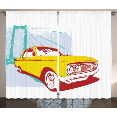 Old Car Decorations Curtains 2 Panels Set Artwork With Old
