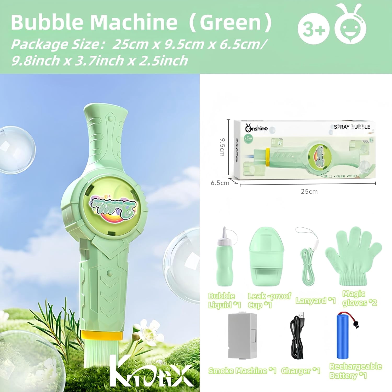 Rechargeable Elastic Smoke Bubble Machine – Magic Wand with Lights & Sound,Bubble Gloves & Spill-Proof Cup, Safe Solution (Green/Pink)