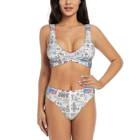 Zeuib America Landmarks2 High Waisted Tummy Control Bikini Set - Knot Front Push Up Top & Cheeky Thong Bottom  Two-Piece Swimsuit for Women-Small