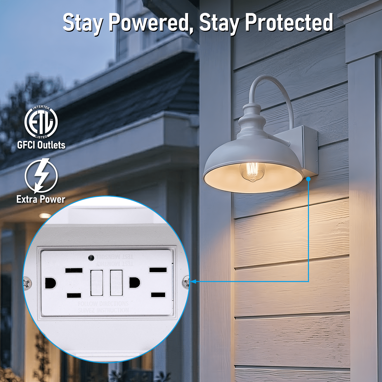 2 Pack Gooseneck Barn Light with GFCI Outlet, Outdoor E26 Base Dusk to Dawn Floodlight, Farmhouse Wall Lantern, White