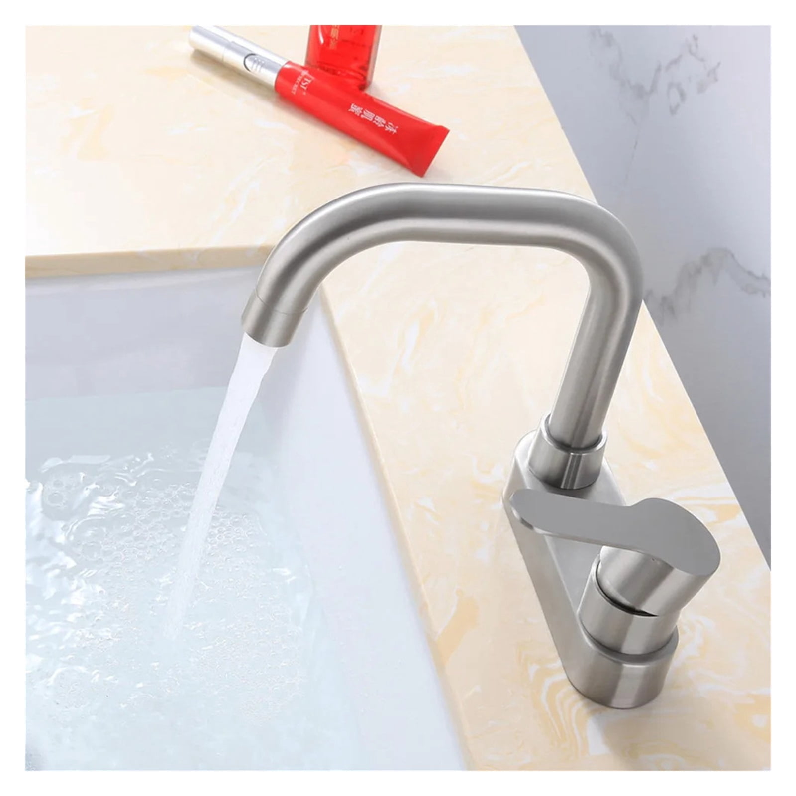 Bathroom Basin Faucet 304 Stainless Steel Sink Mixer Tap, Hot Cold Water 2 Holes Deck Mounted Single Handle Faucet