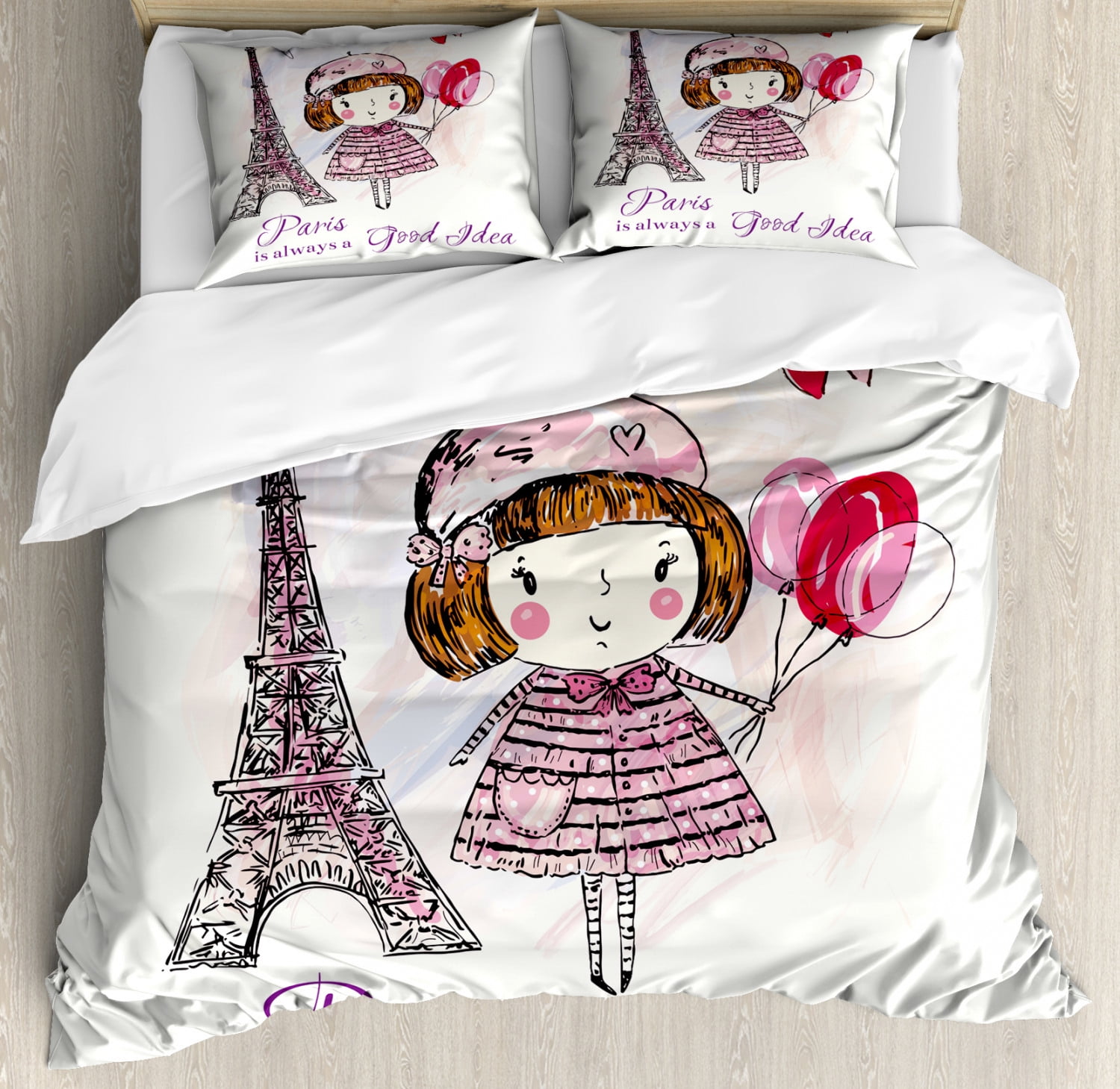 Twin Better Home Style Multicolor White Pink Paris Eiffel Tower with Trees Balloons Street Lights Dogs Design Bonjour Kids// Girls //Toddler Coverlet Bedspread Quilt Set with Sham # LaLa