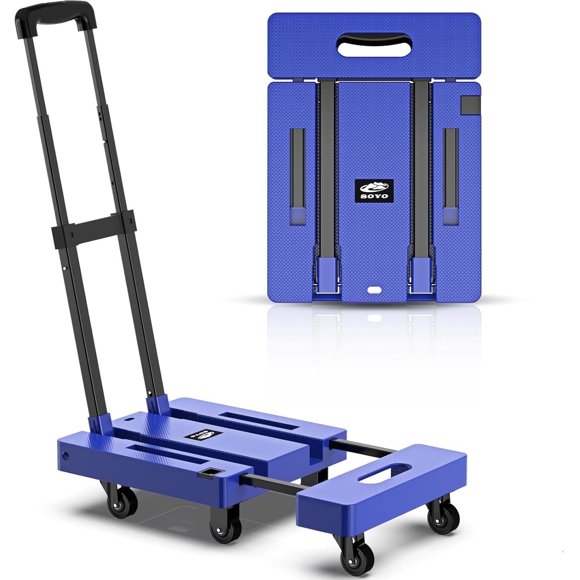 LLMRR Diable Pliant, Chariot à Roulettes Robuste, Chariot à Bagages Pliable avec 6 Roues et 2 Cordes Élastiques, Chariot à Bagages Portable de 500 LB pour Déménagement, Voyage et Magasinage, Bleu