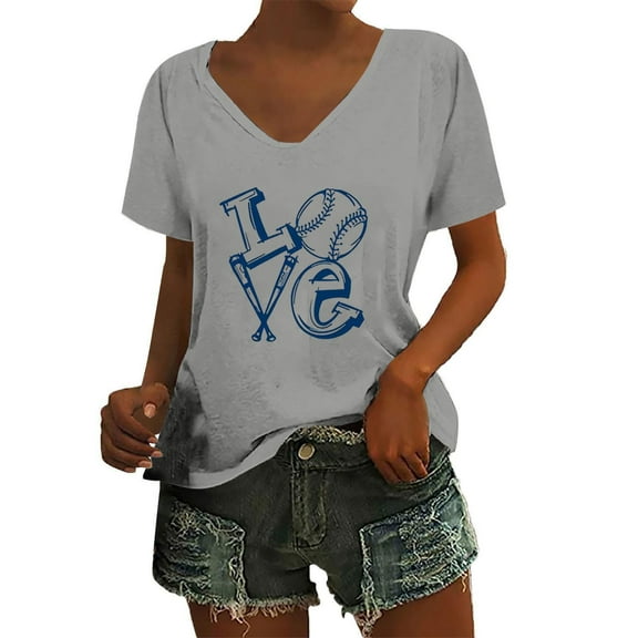 T Shirts For Women Womens Tops Baseball Festival Solid Color Baseball Printed V Neck Short Sleeved Top