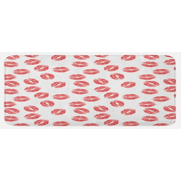 Feminine Kitchen Mat, Pattern of Lipstick Kiss Marks Woman Valentines Wedding Theme Illustration, Plush Decorative Kitchen Mat with Non Slip Backing, 47" X 19", White Red, by Ambesonne
