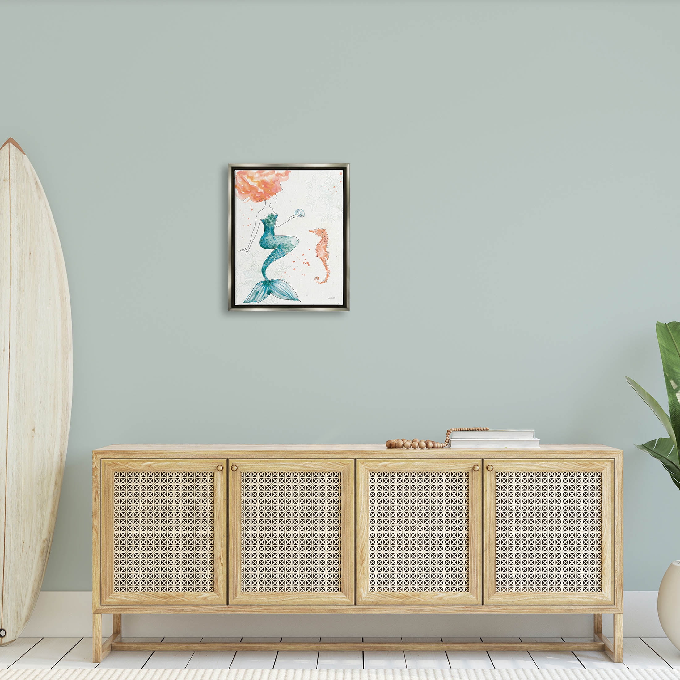 Stupell Industries Mermaid and Ocean Seahorse Graphic Art Luster Gray Floating Framed Canvas Print Wall Art, Design by Anne Tavoletti