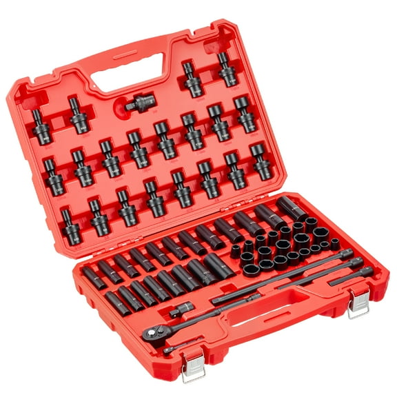 KFFKFF 67-Piece 3/8 in Drive Impact Socket Set, 6-Point Shallow & Deep Sockets, SAE (5/16 in to 3/4 in) and Metric (8 mm to 19 mm), Swivel Sockets, Adapters, Durable Steel Construction, Portable Case